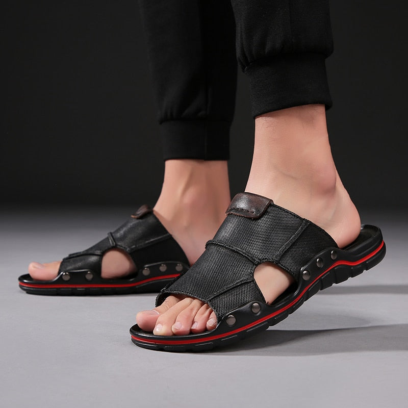 Genuine Leather Men Slippers outdoor Beach Shoes Comfortable Men 2019 Summer Flat Heels Male Slides Luxury brand slippers L5