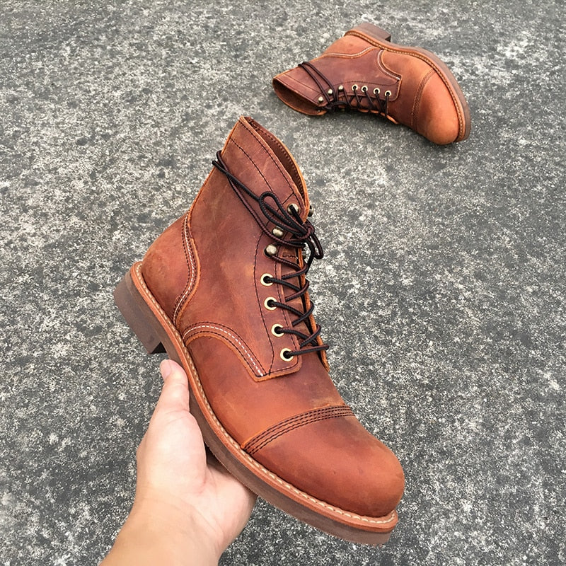 Yomior New Style Genuine Leather Wings Men Shoes Round Toe Casual Ankle Boots Lace-Up Spring Winter Dress Motorcycle Boots