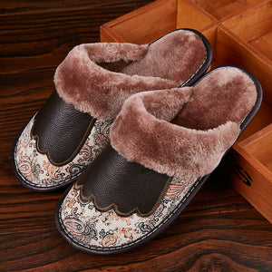 LCIZRONG New Luxury Genuine Leather Home Slippers for Men Winter Big Size Couple Unisex Plush Slipper Warm Men Women House Shoes