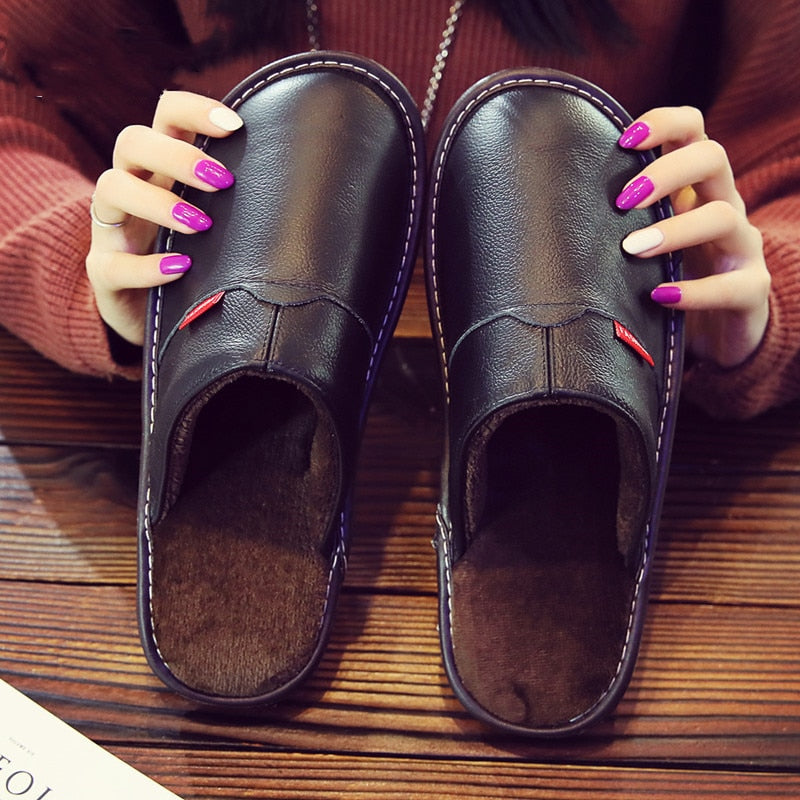 Genuine Leather Couple's Winter Indoor Slippers Cow Leather Anti-Slip Men&Women Home Shoes Fashion Casual Shoes TPR Soles 7color
