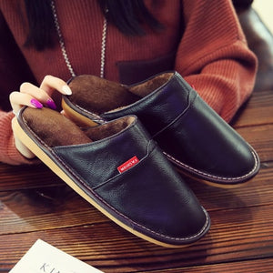 Genuine Leather Couple's Winter Indoor Slippers Cow Leather Anti-Slip Men&Women Home Shoes Fashion Casual Shoes TPR Soles 7color