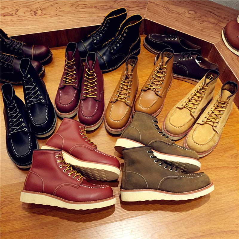 Vintage Men Boots Lace-Up Genuine Leather Boots Wing Men Handmade Work Travel Wedding Ankle Boots Casual Fashion Red Boots 875