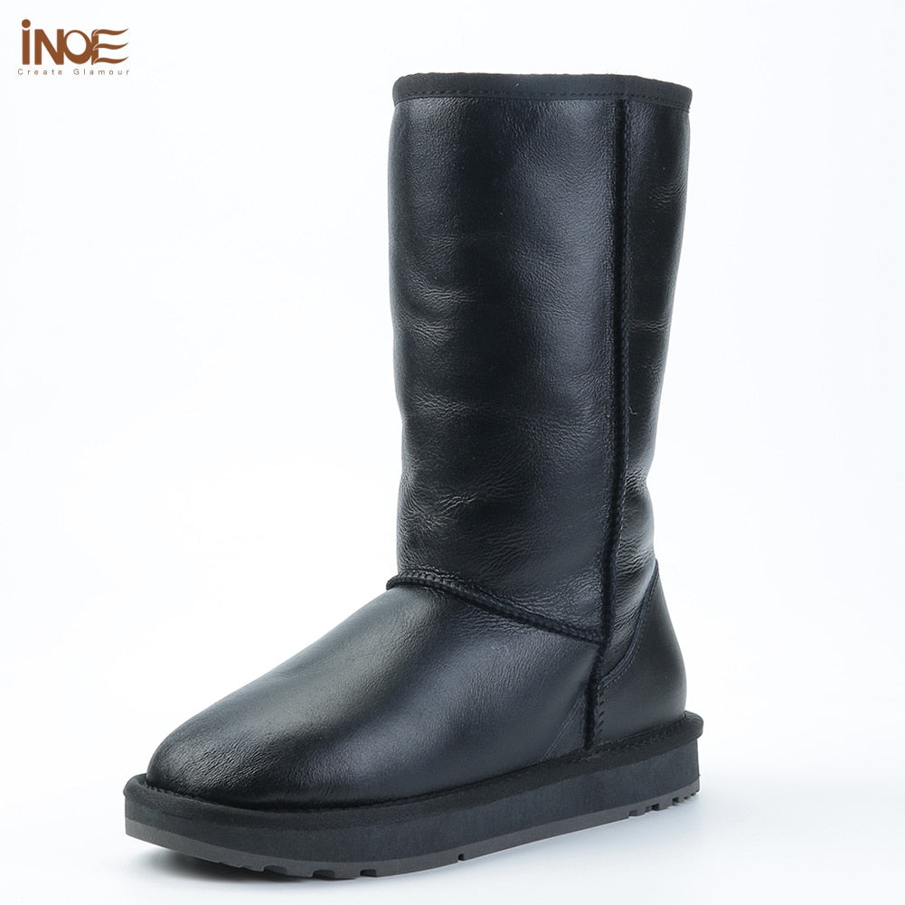 INOE Classic real sheepskin leather sheep wool fur lined high man winter snow boots for men winter shoes waterproof 34-44 black