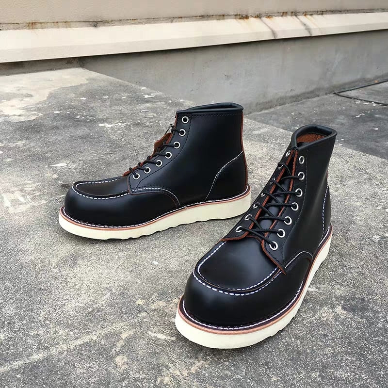Goodyear-Welted Vintage Genuine Leather Ankle Motorcycle Boots Top Quality Wings Round Toe Men Casual Dress Work Red Boots Shoes